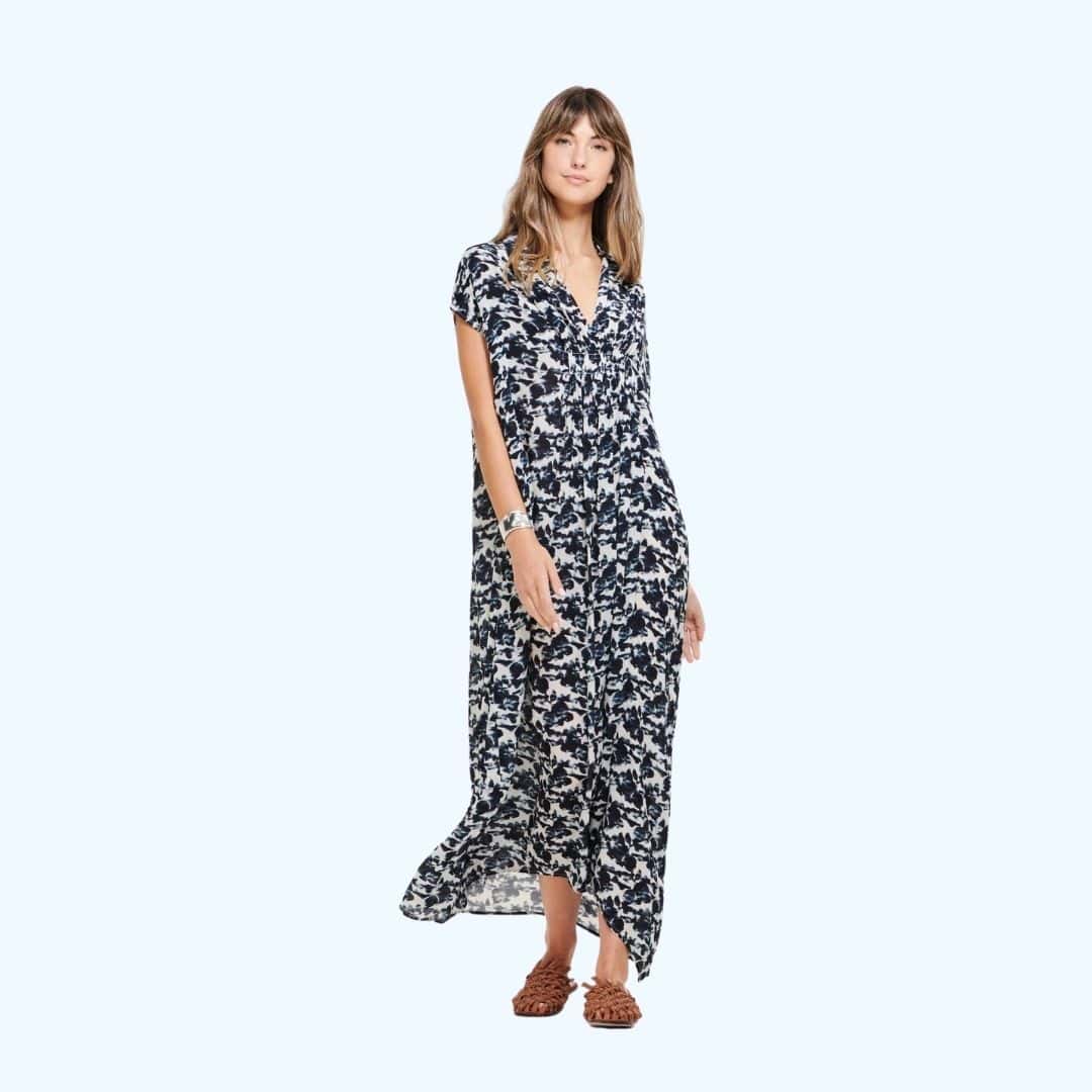 Villanova Flo Tuni Dress Lang Kjole I Viscose Med Navy Print Fra One Season
